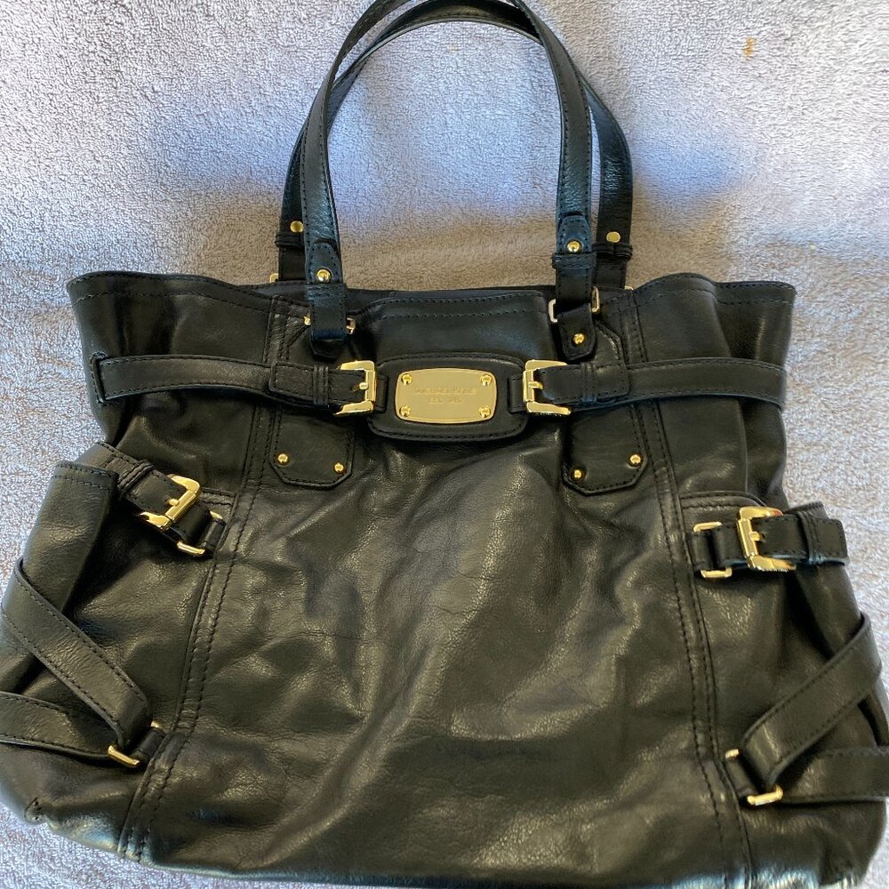 Michael Kors Black Leather Buckle Tote Bag with Gold Hardware